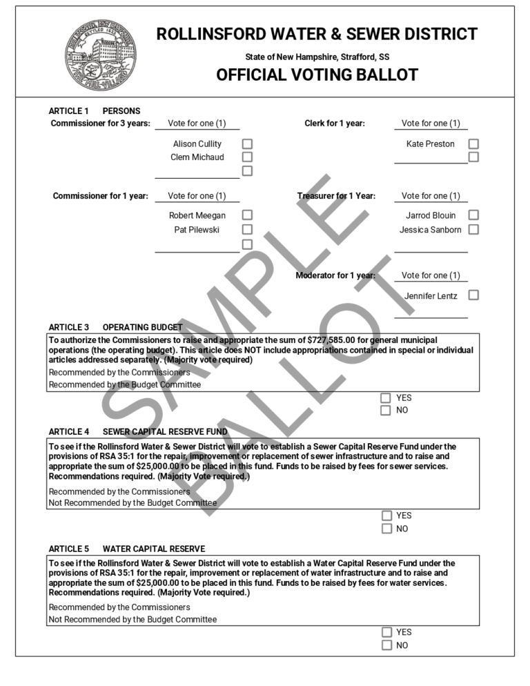 Sample Ballots for Voting Rollinsford Water & Sewer District