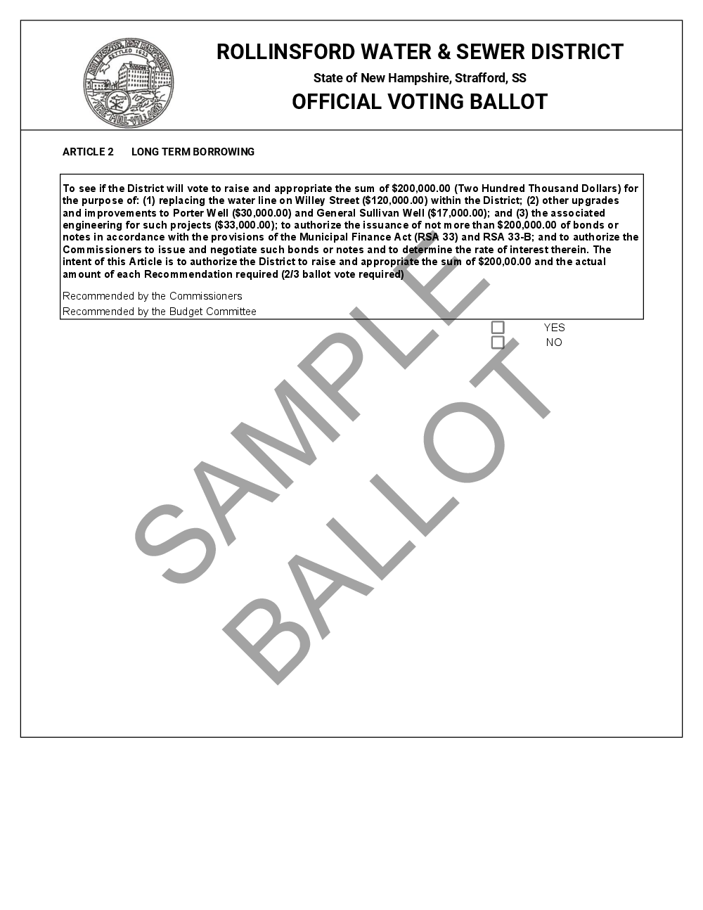 Sample Ballots for Voting Rollinsford Water & Sewer District